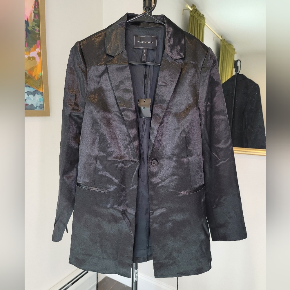 BCBGMaxAzria Black Satin Tassel-Tie Blazer Jacket, Size XXS - Picture 2 of 12
